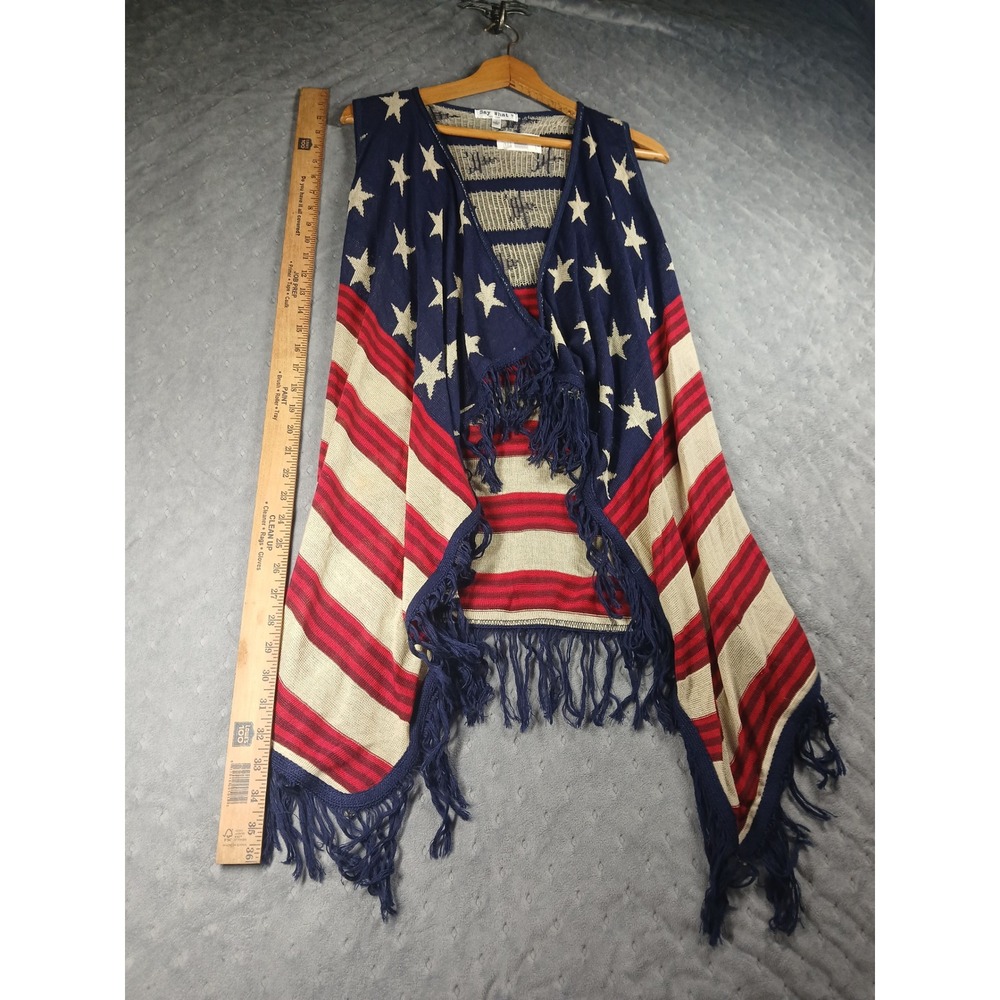 Say What Womens American Flag Knit Fringe Vest Red White Blue Stars Stripes L - Picture 5 of 6